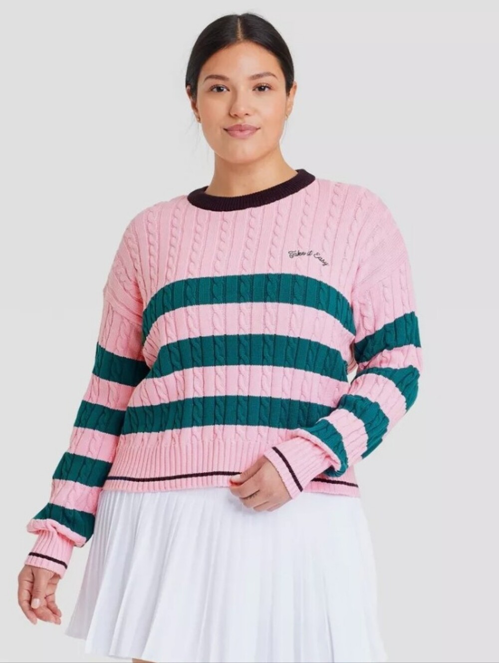 Pink and Green Striped Cable-Knit Sweater